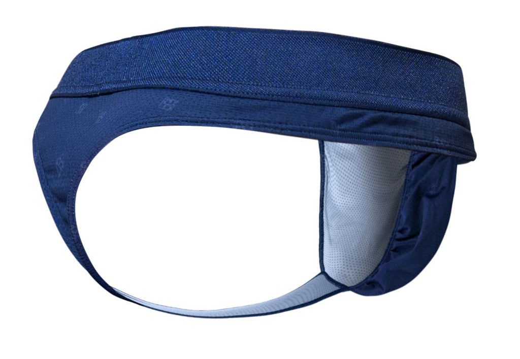 Navy blue ErgoWear FEEL SE thong by CITYBOYZ USA, displayed flat showing smooth fabric and minimal coverage.
