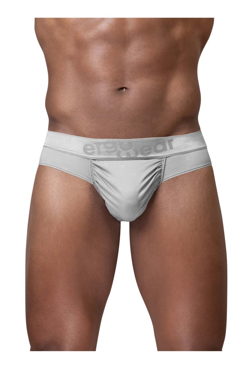 Silver ErgoWear FEEL SE Thong by CITYBOYZ USA, showcasing sleek fabric and minimal design on a mannequin.