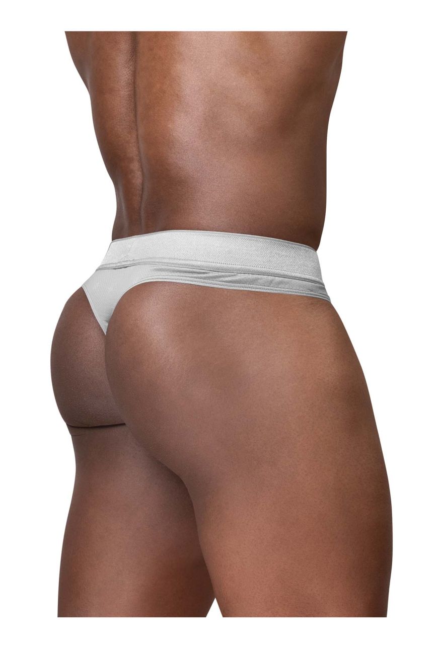 Silver ErgoWear FEEL SE Thong by CITYBOYZ★USA, showcasing a sleek, comfortable men's underwear design on a model.
