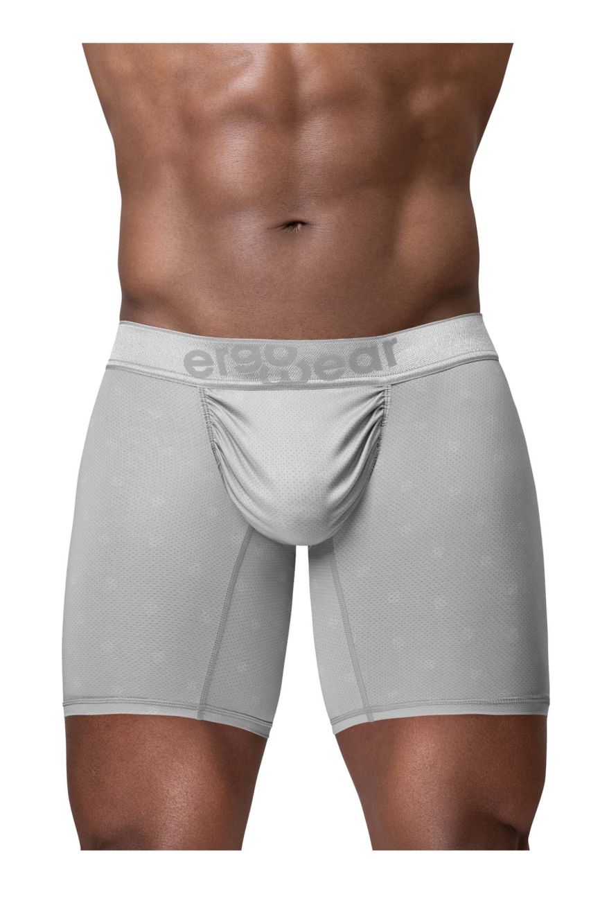 Silver ErgoWear FEEL SE boxer brief by CITYBOYZ USA, close-up showing comfortable fit and sleek fabric details.