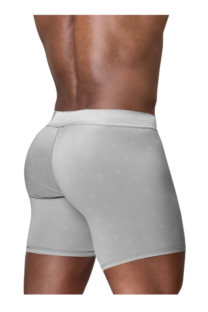 Silver ErgoWear FEEL SE Boxer Brief by CITYBOYZ★USA, close-up of fitted men's underwear with waistband and sleek fabric.