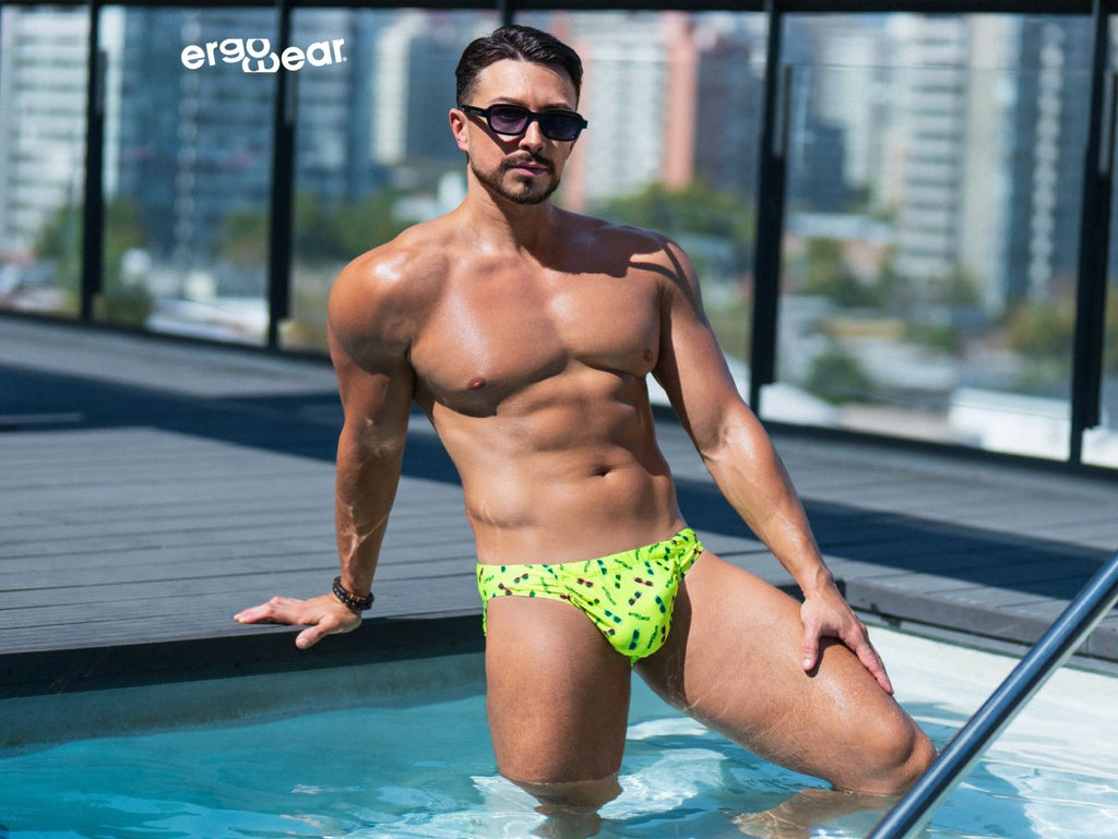 Bright yellow ErgoWear Feel SW swim brief by CITYBOYZ★USA, showcasing a stylish, comfortable swimwear design on a model.