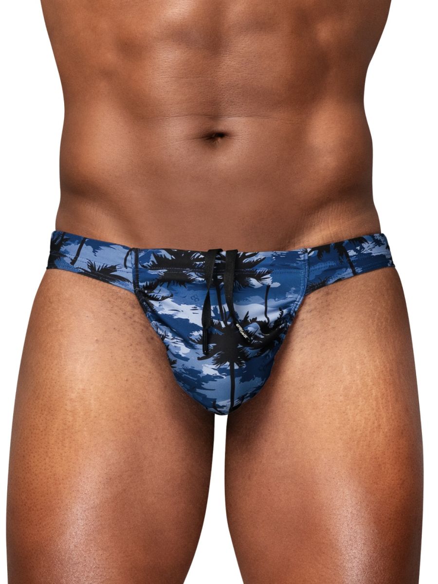 Dark blue swim bikini with palm print from CITYBOYZ★USA's ErgoWear FEEL SW collection, featuring a stylish and comfortable design.