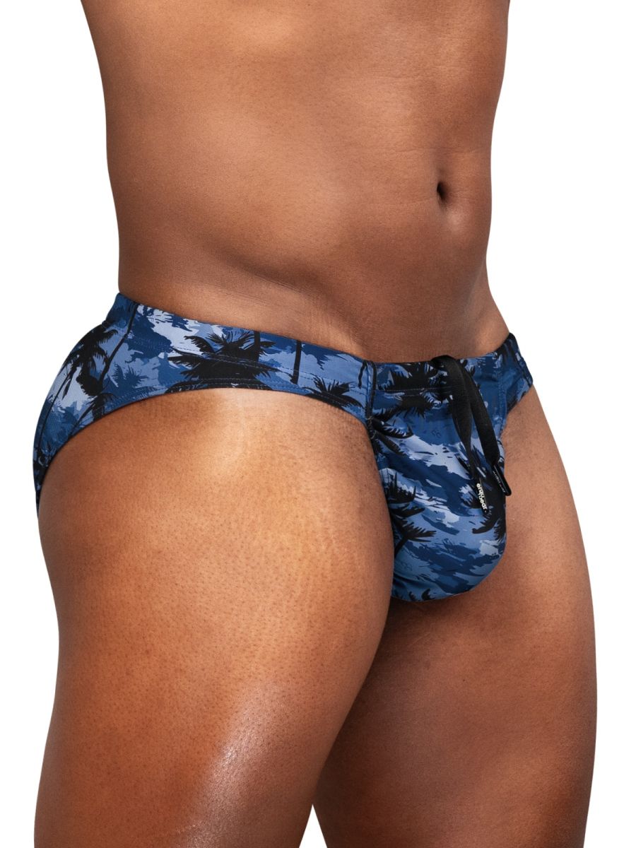 Dark blue bikini with palm print from ErgoWear FEEL SW Swim Collection by CITYBOYZ★USA, featuring a stylish, comfortable swimwear design.