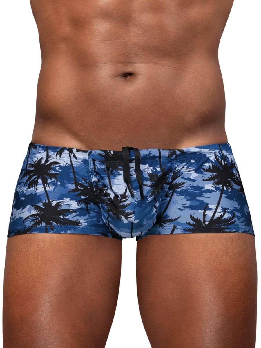 Dark blue ErgoWear FEEL SW swim print bikini trunks with palm tree pattern, designed for comfort and style by CITYBOYZ USA.