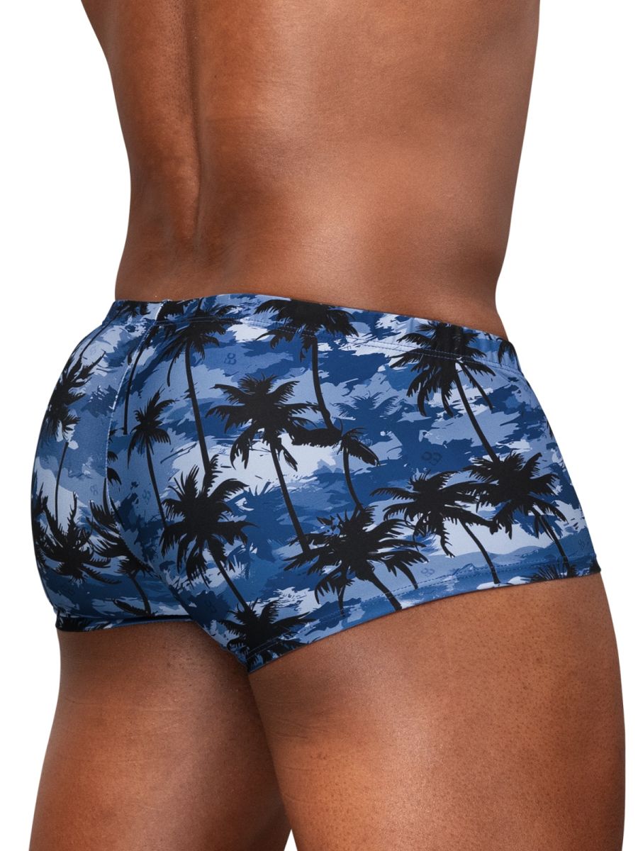 Dark blue bikini trunks with palm print from CITYBOYZ★USA's ErgoWear FEEL SW Swim collection, featuring a comfortable fit and stylish design.