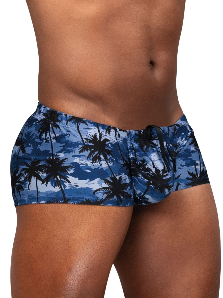 Dark blue CITYBOYZ USA ErgoWear FEEL SW swim print bikini trunk with palm tree pattern and comfortable fit.