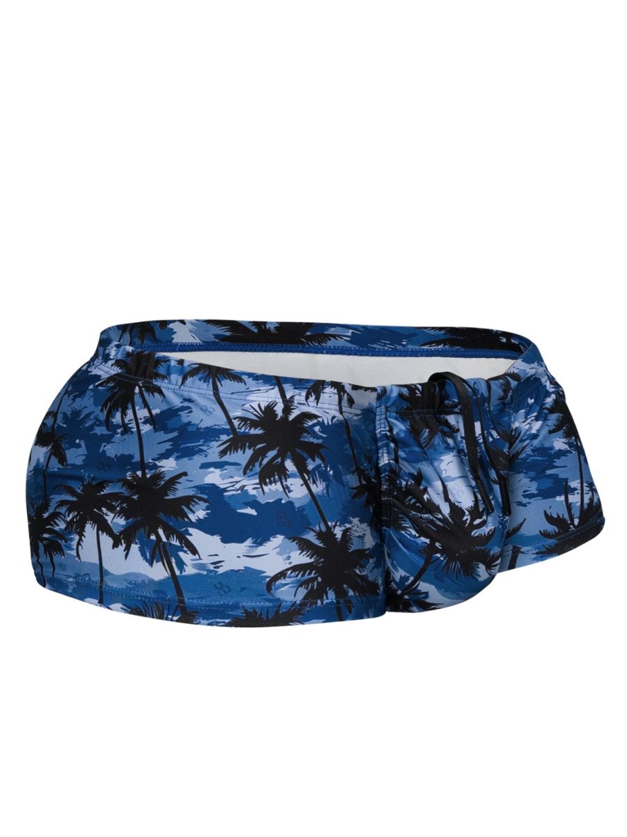 Dark blue ErgoWear FEEL SW swim print bikini trunks with palm tree design, featuring a fitted waistband and sporty style.