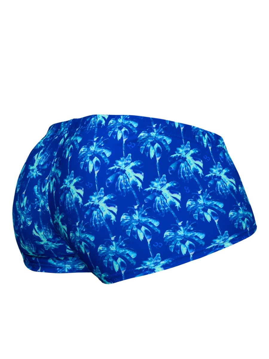 Royal blue swim trunks with palm print from ErgoWear FEEL SW Bikini collection by CITYBOYZ USA, featuring a comfortable fit and vibrant design.