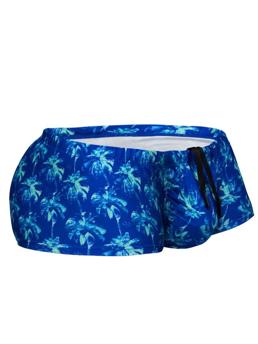 Royal blue CITYBOYZ USA swim trunks with palm print, designed for comfort and style in a trendy bikini style.