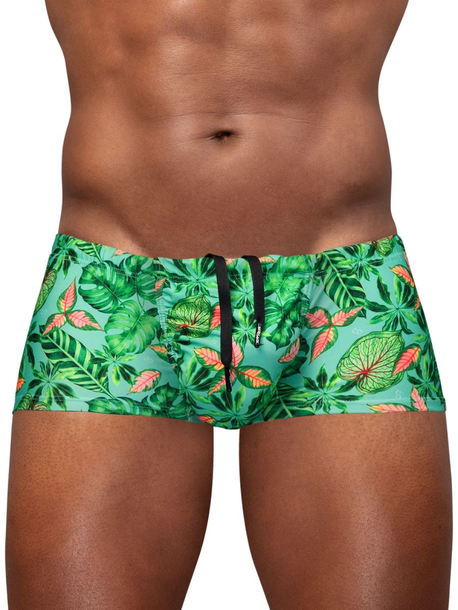 CITYBOYZ★USA ErgoWear FEEL SW swim print bikini trunk with aqua leaves pattern, featuring a comfortable fit and stylish design.