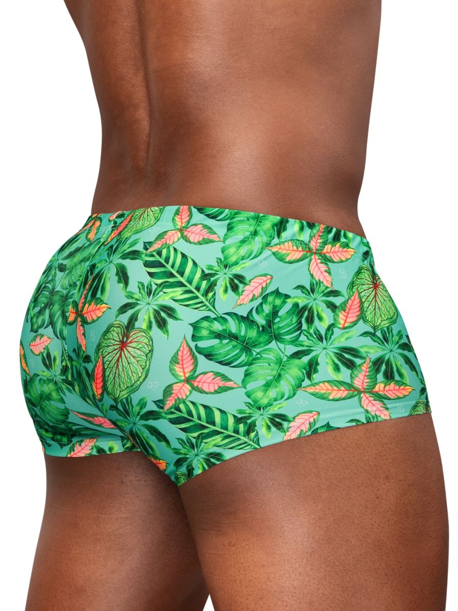 Aqua-colored swim trunks with leaf print from CITYBOYZ★USA's ErgoWear FEEL SW Bikini collection, displayed on a model.