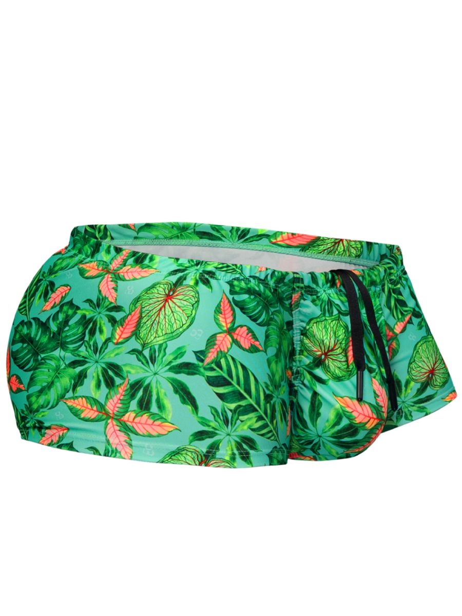 Aqua-colored swim print bikini trunk by CITYBOYZ★USA, featuring leaf patterns and a comfortable fit for beach or poolside wear.