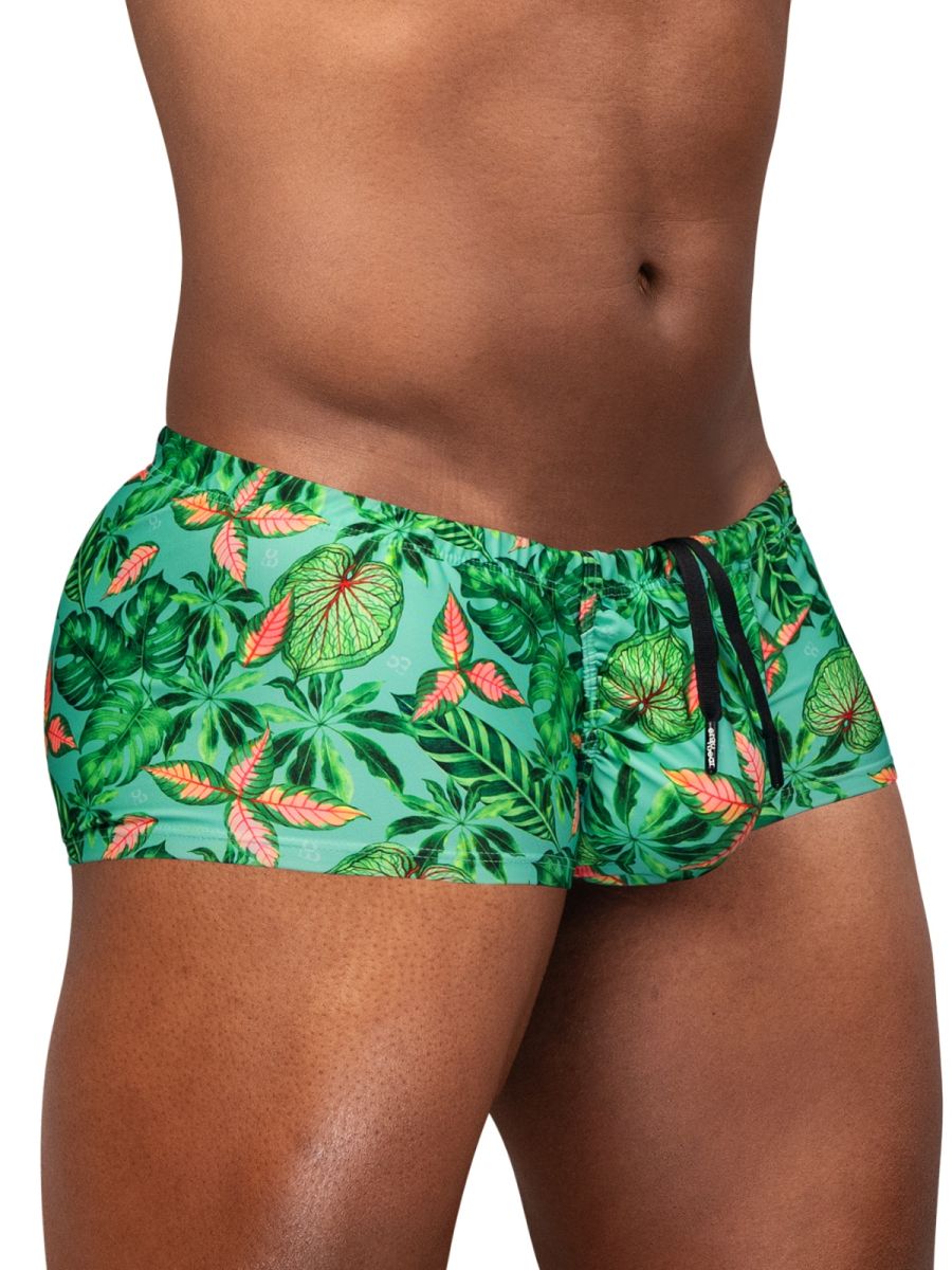CITYBOYZ★USA ErgoWear FEEL SW swim print bikini trunk with aqua leaf design, featuring a comfortable fit and vibrant aquatic pattern.