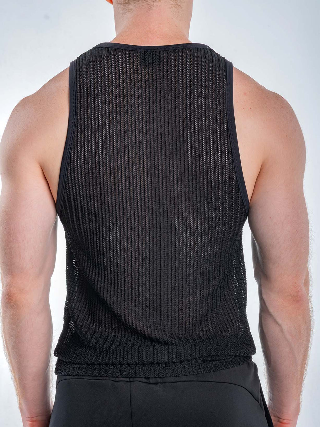 Black FK Sport Captivity mesh tank top by CITYBOYZ★USA, featuring a breathable design and athletic fit, shown from the back.