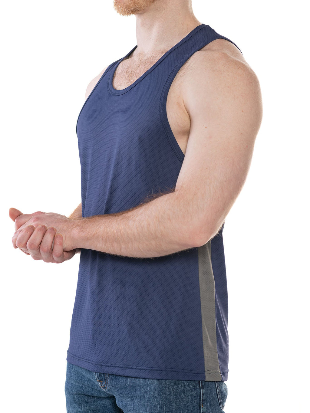 Navy and charcoal FK Sport Race Point Tank Top by CITYBOYZ★USA, lightweight athletic tank top with sporty design and logo detail.