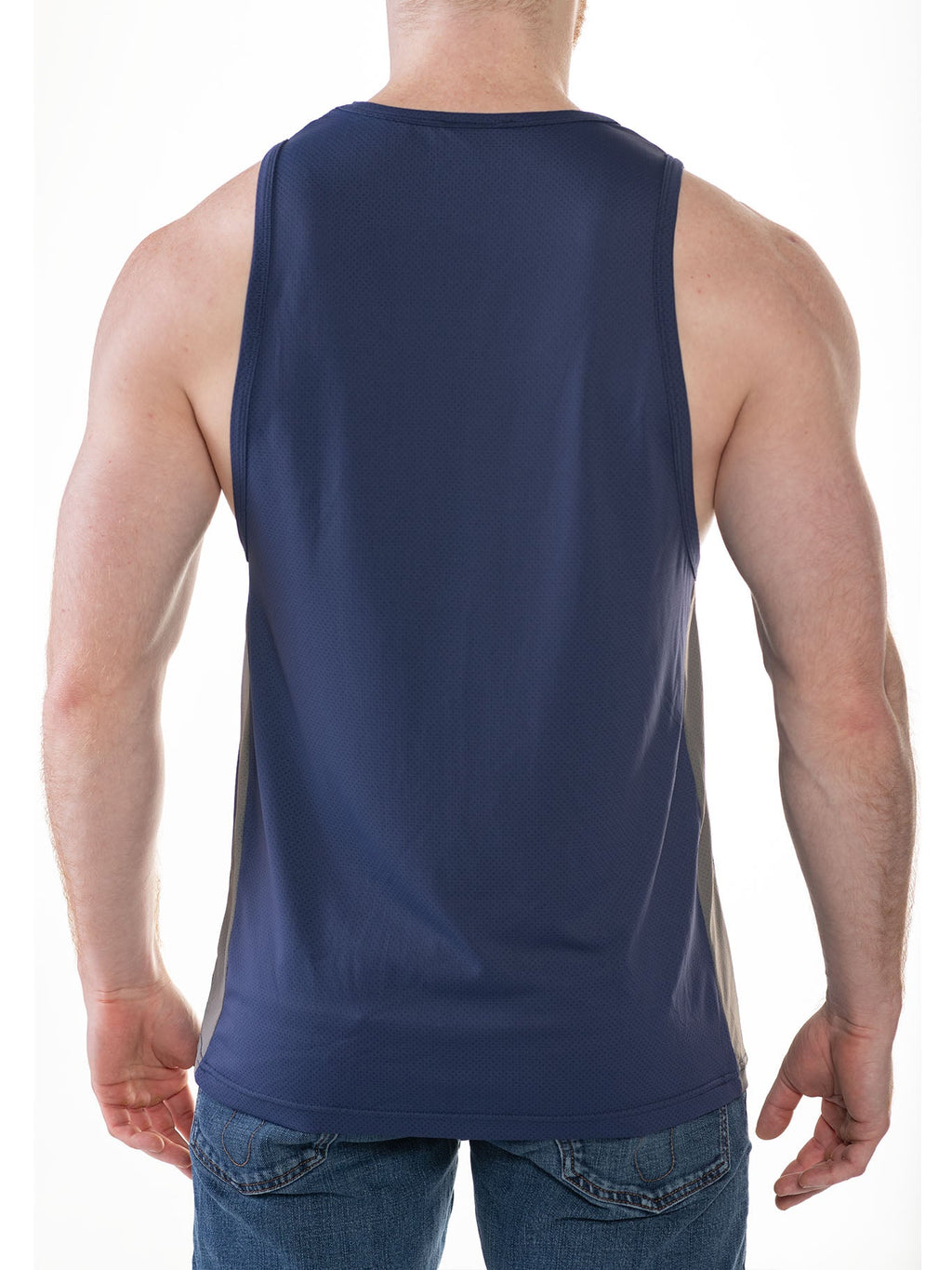 Navy and charcoal FK Sport Race Point Tank Top by CITYBOYZ★USA with a sleeveless design and athletic fit, shown from the back.