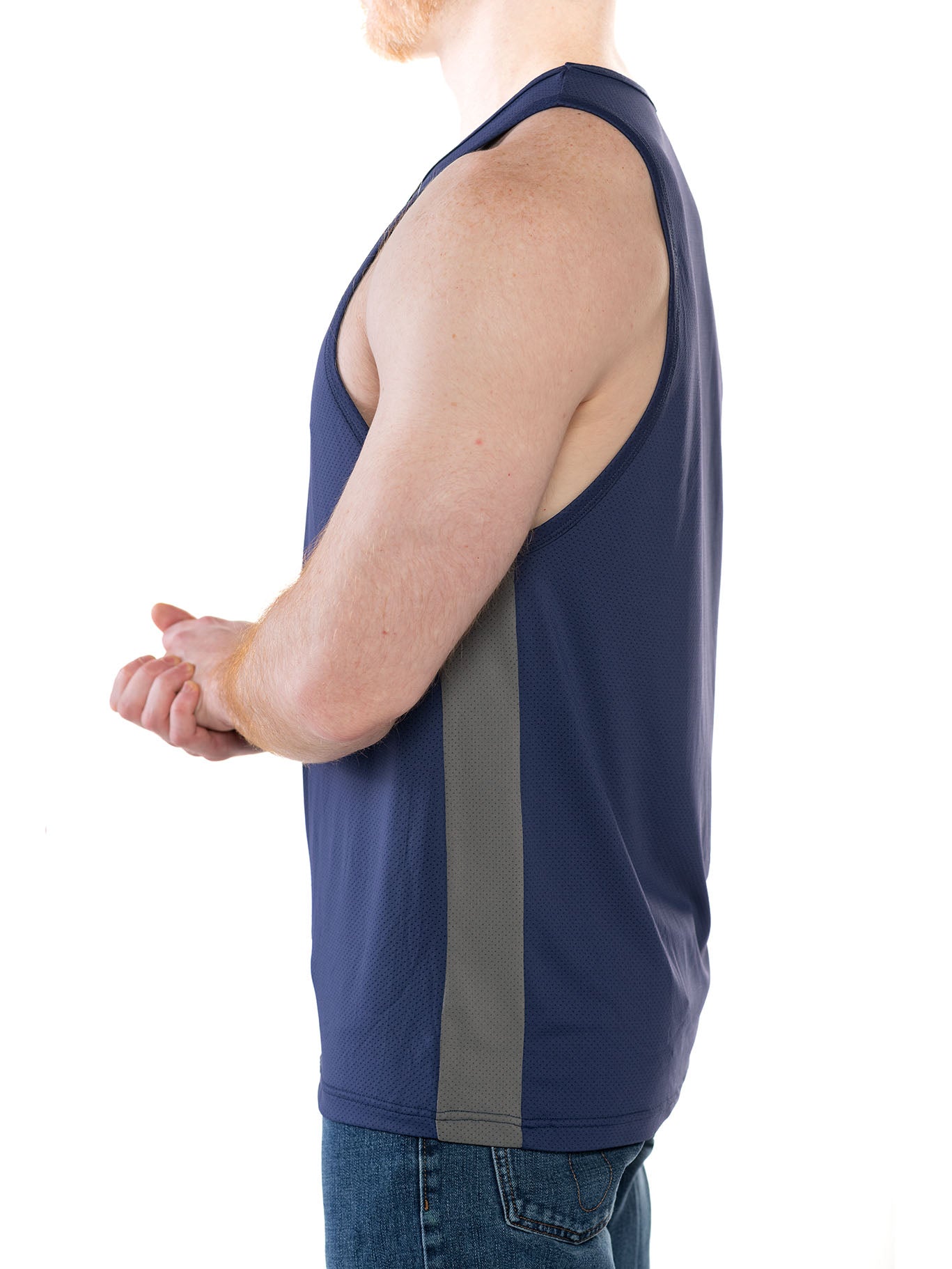 CityBOYZ USA FK Sport Race Point Tank Top in navy with charcoal side panels, sleeveless athletic tank top for active wear.
