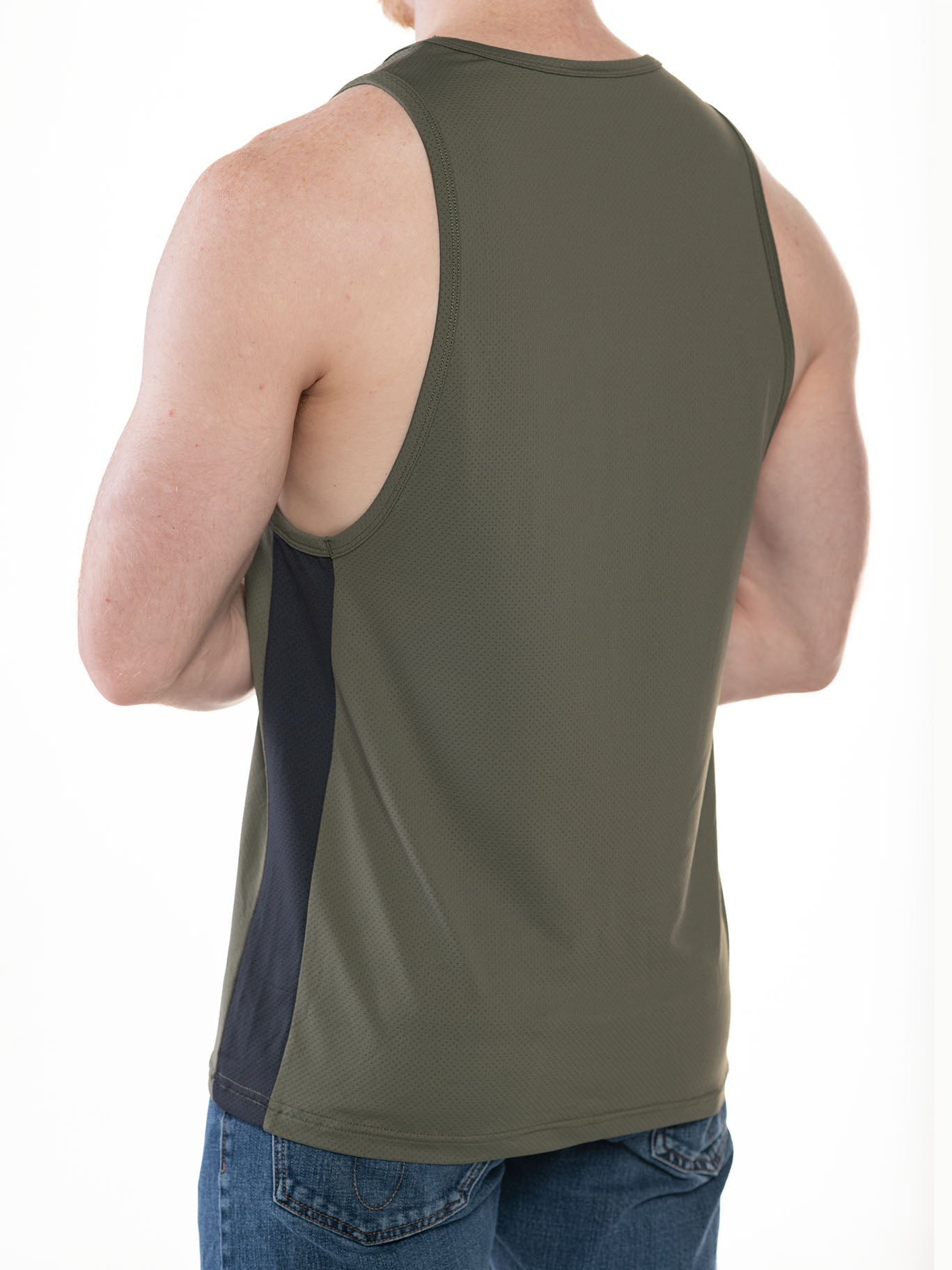 CITYBOYZ★USA FK Sport Race Point Tank Top in olive and black, quarter-length sleeve, close-up of fabric and design details.