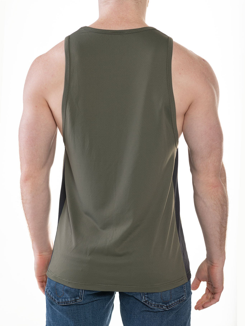 CITYBOYZ★USA FK Sport Race Point Tank Top in olive green with black back, sleeveless athletic tank for active wear.