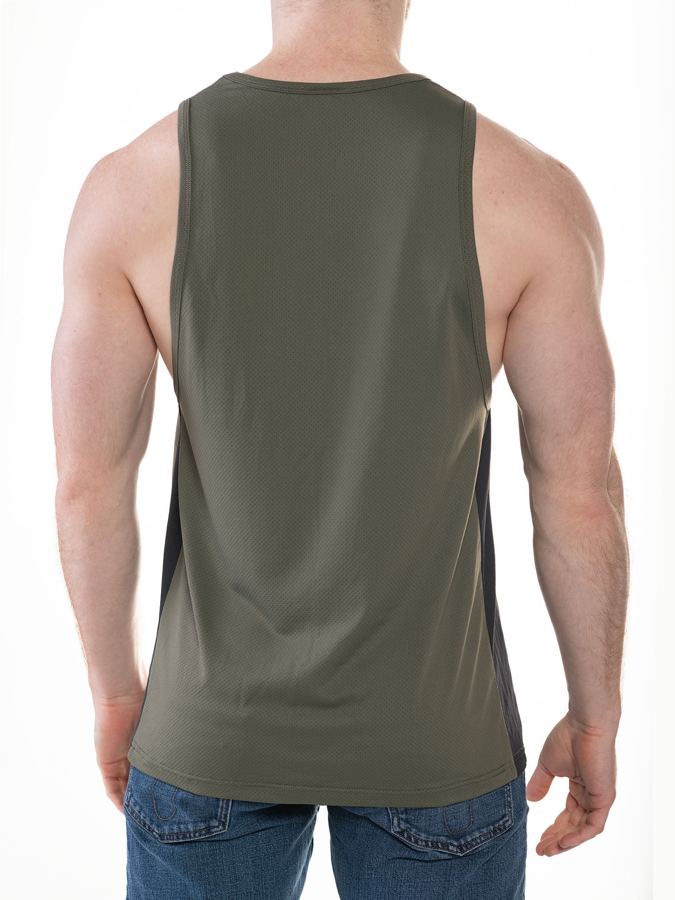 CITYBOYZ★USA FK Sport Race Point Tank Top in olive green with black back, sleeveless athletic tank for active wear.