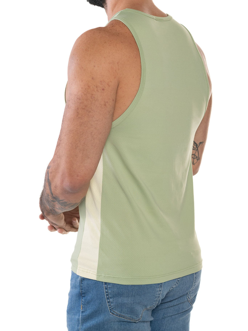 CITYBOYZ★USA FK Sport Race Point Tank Top in sage green, with a sleeveless design and athletic fit, shown from a side angle.