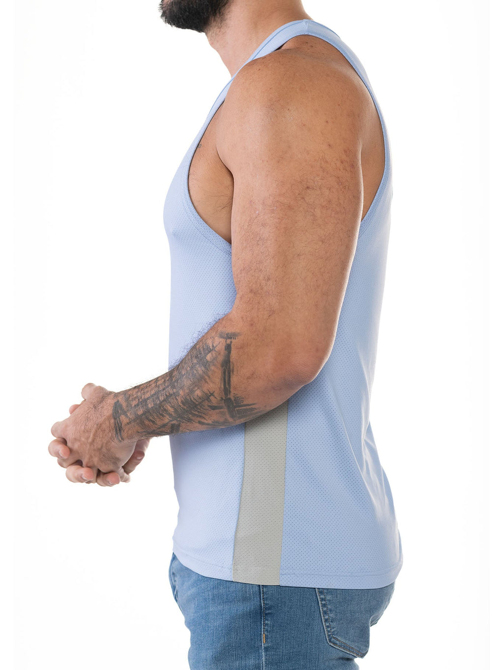 CityBoyz USA FK Sport Race Point Tank Top in sky blue and white, lightweight sleeveless athletic shirt with race-inspired design.