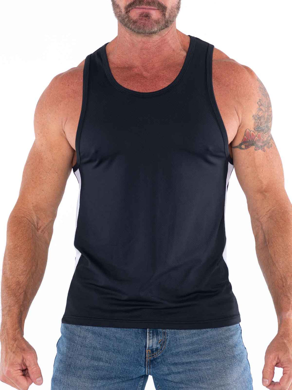 Black FK Sport Race Point Tank Top by CITYBOYZ★USA, front view showing sleeveless design and athletic fit.