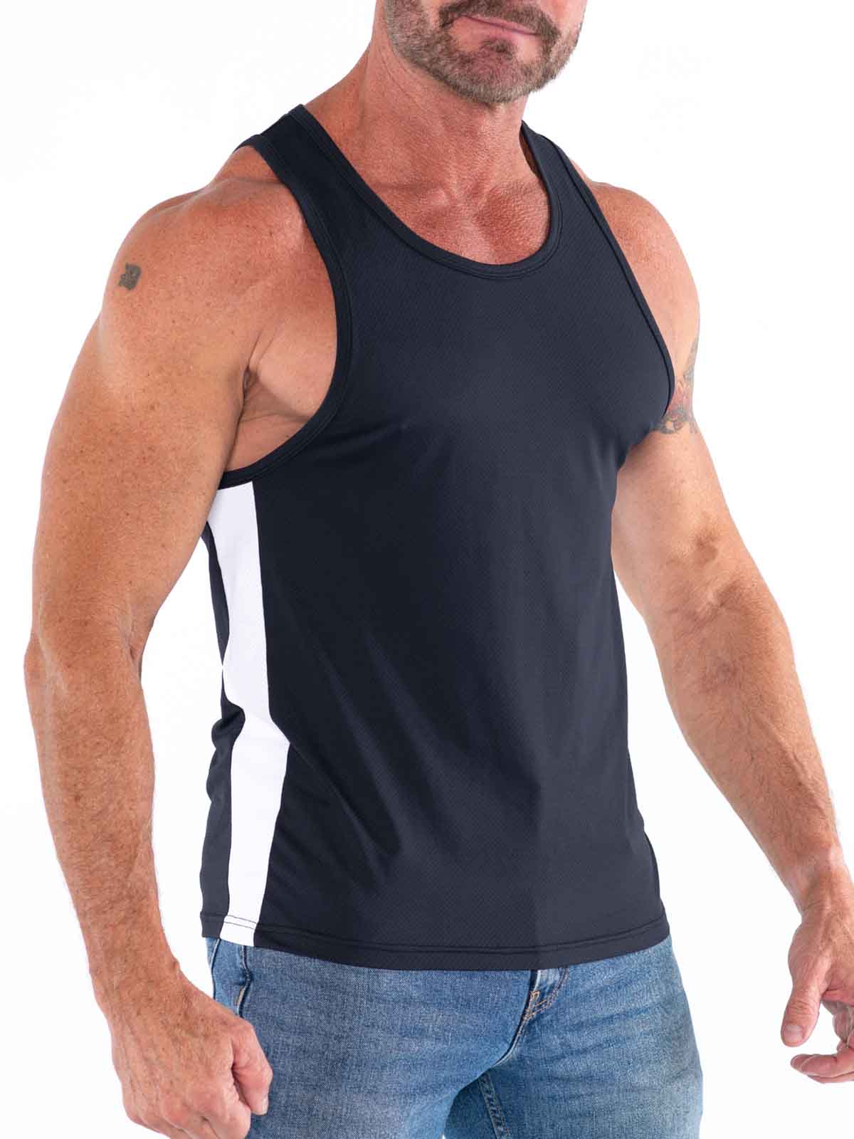 Black FK Sport Race Point Tank Top by CITYBOYZ★USA, shown from the side with athletic fit and sleeveless design.