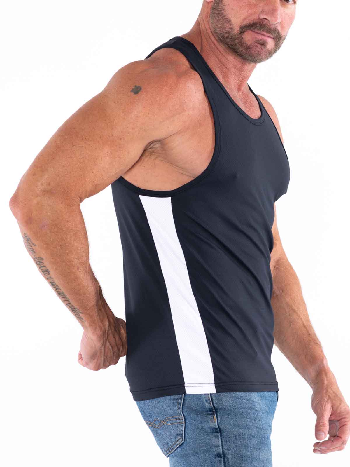 Black FK Sport Race Point Tank Top by CITYBOYZ★USA, showing side view with athletic fit and stylish design.