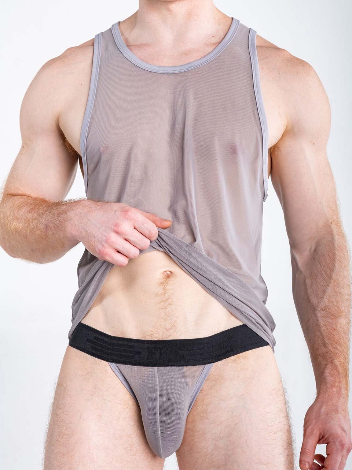 Gray FK Sport Echo Tank Top by CITYBOYZ★USA shown on a hanger with a fitted, athletic design and sleeveless style.