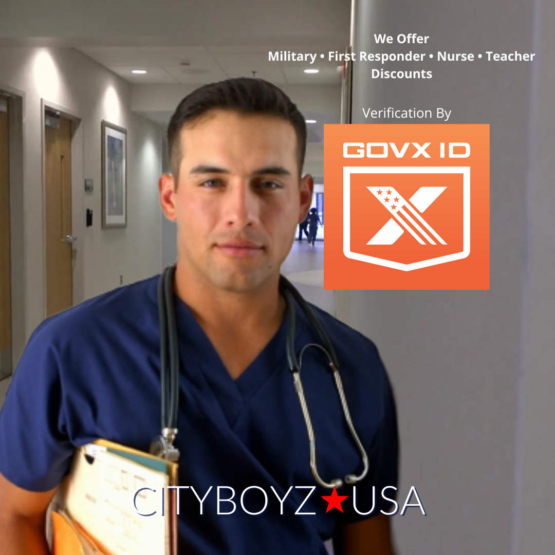 A man in navy blue medical scrubs stands in a hallway with a stethoscope around his neck and a clipboard in hand. Text overlays advertise military, first responder, nurse, and teacher discounts, along with a GOVX ID badge graphic and the brand name CITYBOYZ USA.