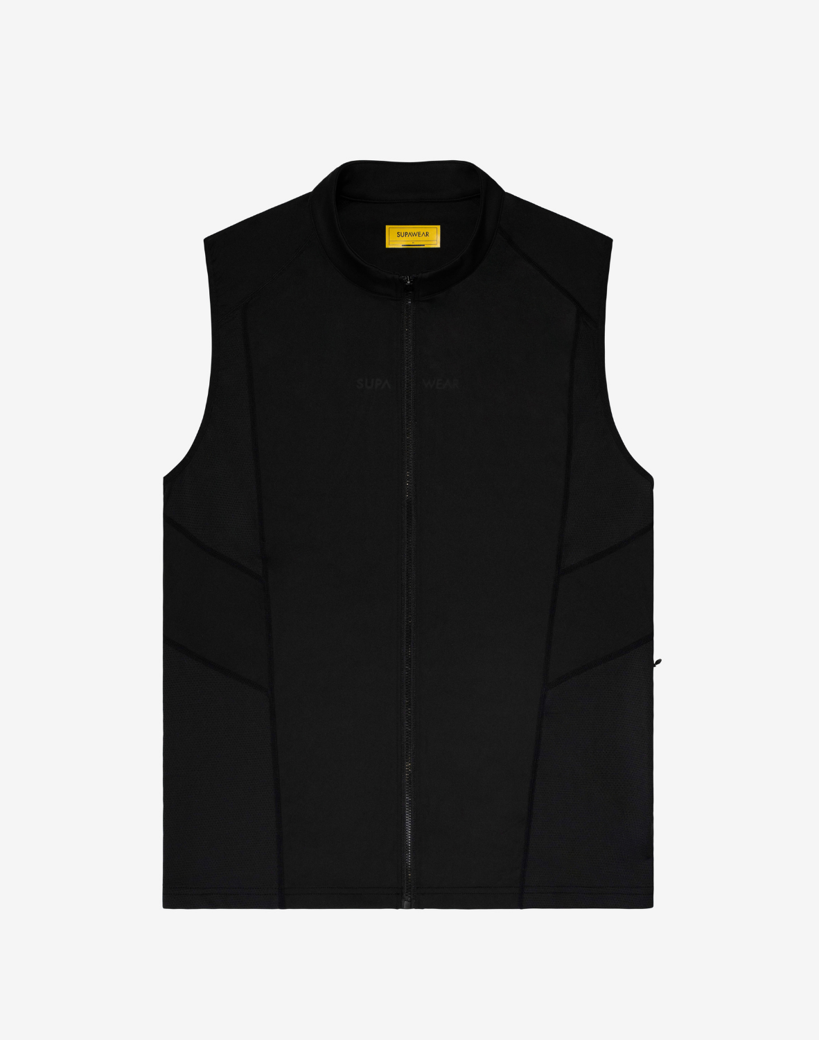 Black CITYBOYZ★USA Supawear Gym2Street half-zip vest for athleticwear, shown on a mannequin with a sleek, fitted appearance.