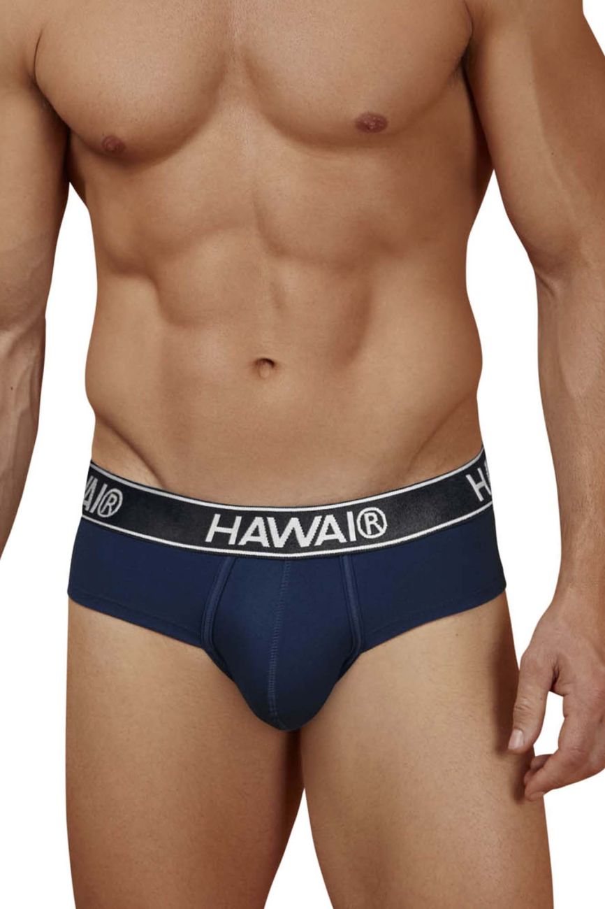Dark blue Hawai Cotton Blend Brief by CITYBOYZ★USA with comfortable fit and soft fabric, shown on a model.