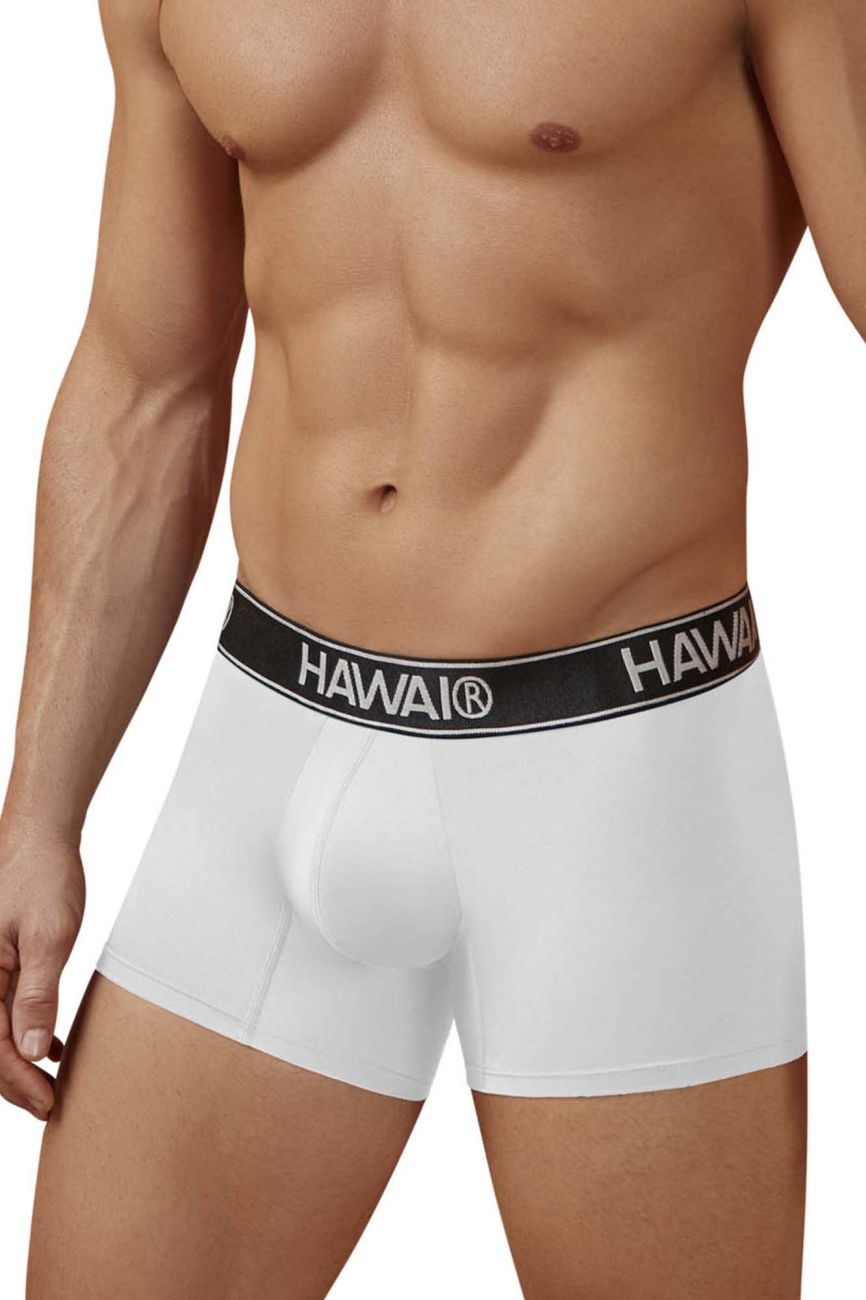 White Hawai Microfiber Trunk boxer brief by CITYBOYZ★USA, comfortable men's underwear, close-up of fabric and waistband.