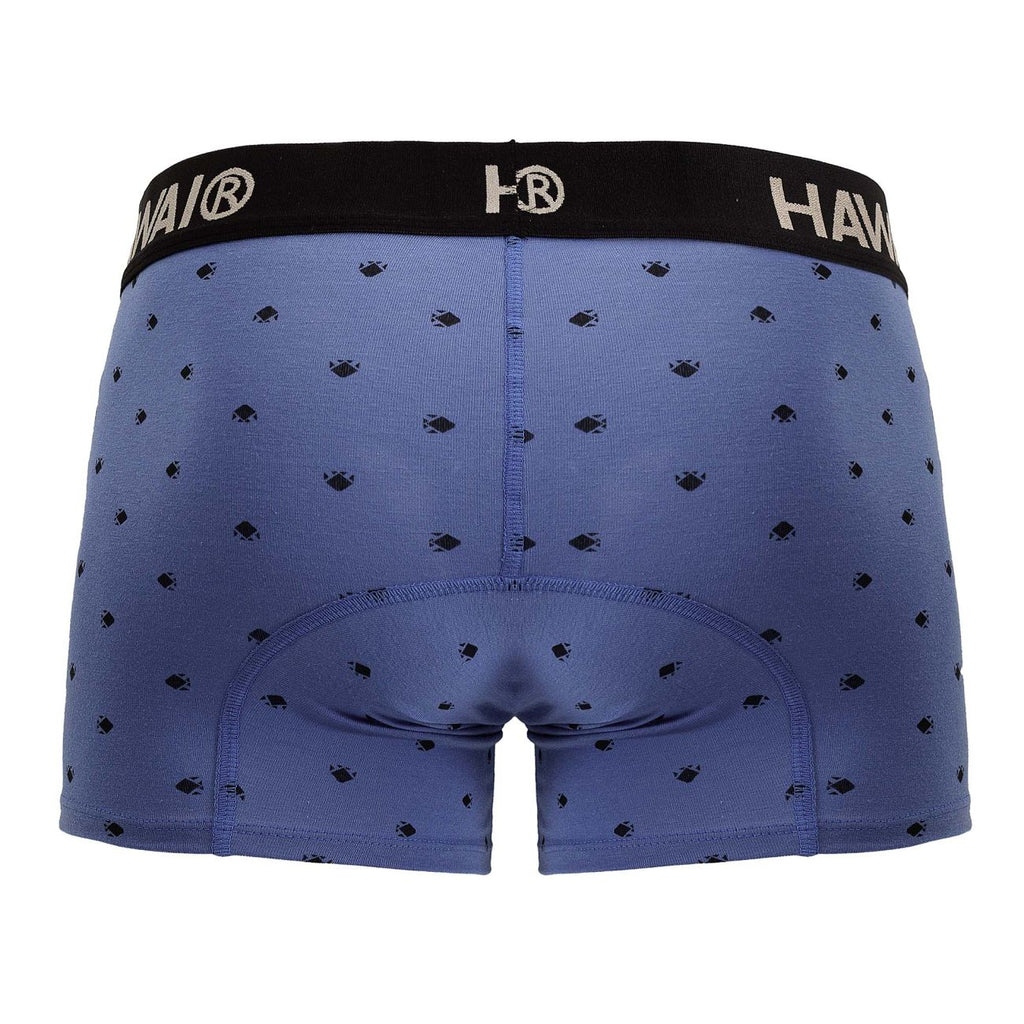 Blue Hawai Cotton Blend Trunk from CITYBOYZ★USA with a fitted waistband and colorful pattern, laid flat for display.