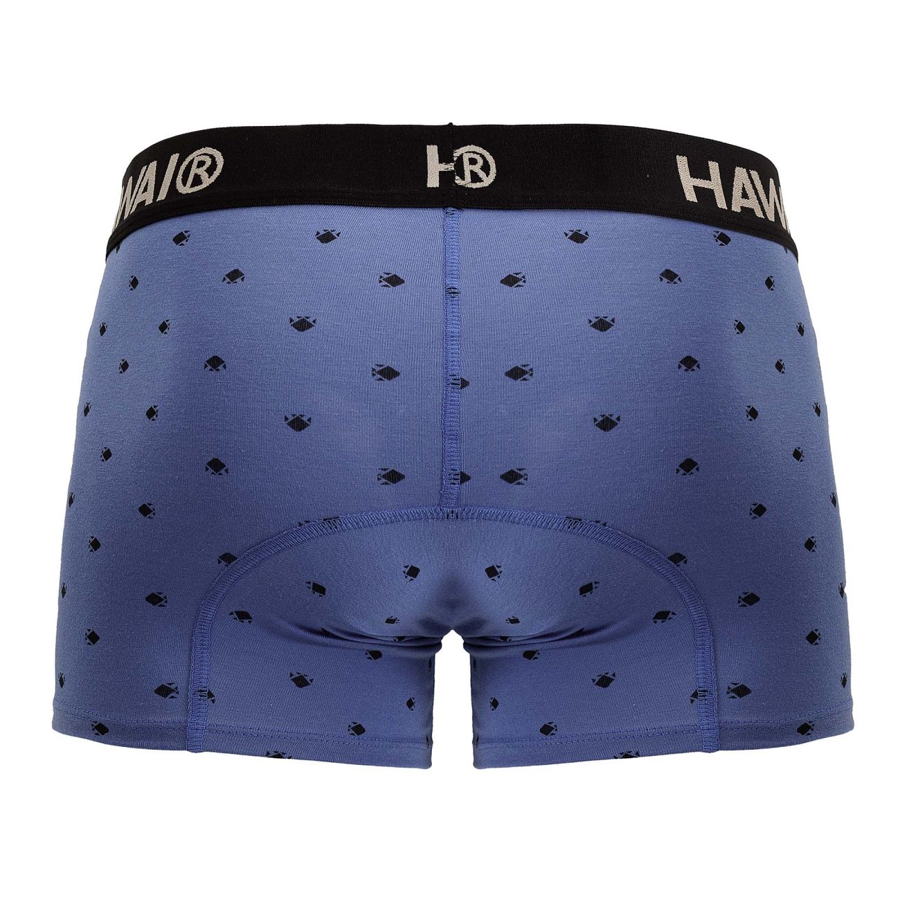 Blue Hawai Cotton Blend Trunk from CITYBOYZ★USA with a fitted waistband and colorful pattern, laid flat for display.