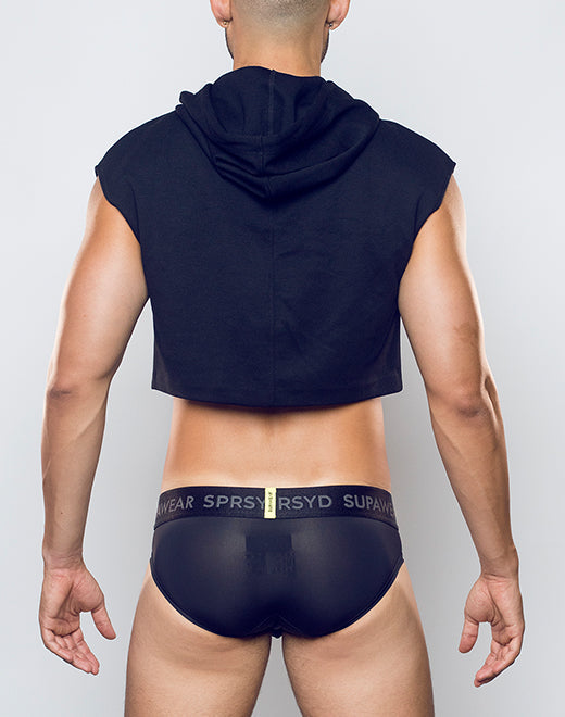 Black Supawear Cropped Hoodie by CITYBOYZ★USA, activewear with a relaxed fit, displayed on a model in a studio setting.