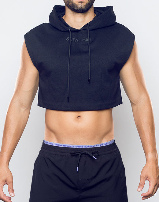 Black Supawear Cropped Hoodie by CITYBOYZ★USA, activewear with a relaxed fit and hoodie, shown on a model.