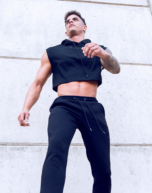 CityBOYZ★USA Supawear cropped activewear hoodie in black, shown on a model with a sporty fit and casual style.