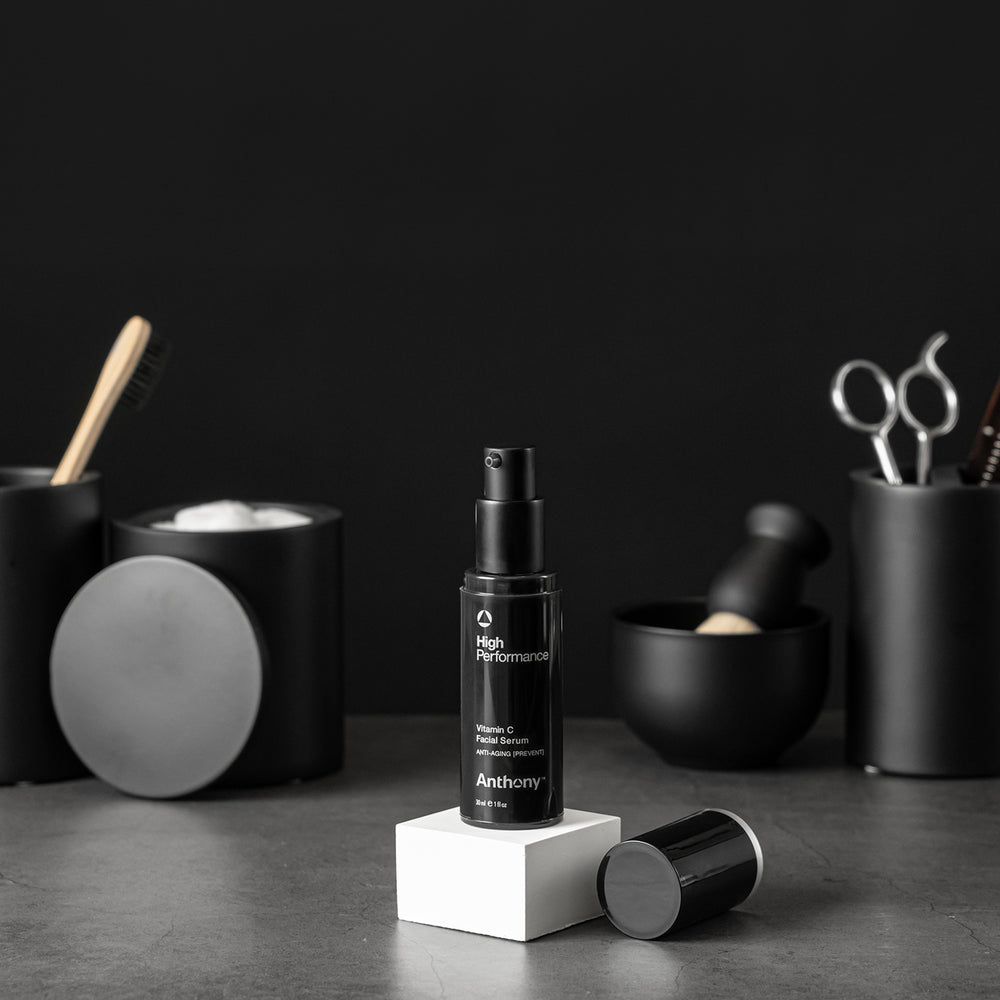 CITYBOYZ USA Anthony High Performance Vitamin C Facial Serum in a 1oz bottle, showcasing the sleek packaging and clear serum inside.
