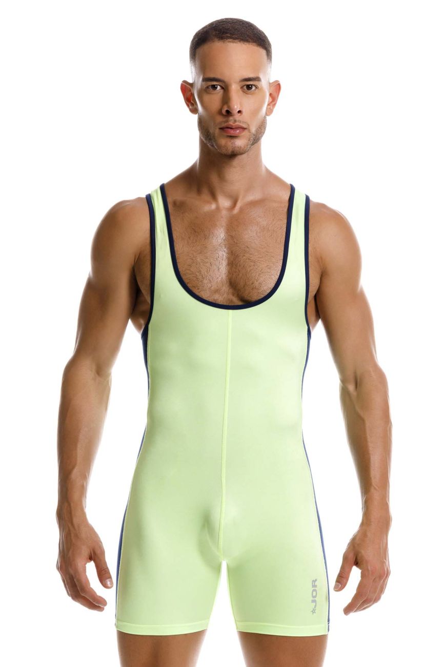Green Jor Fighter men's activewear singlet or bodysuit by CITYBOYZ★USA, close-up view showing breathable fabric and fit.