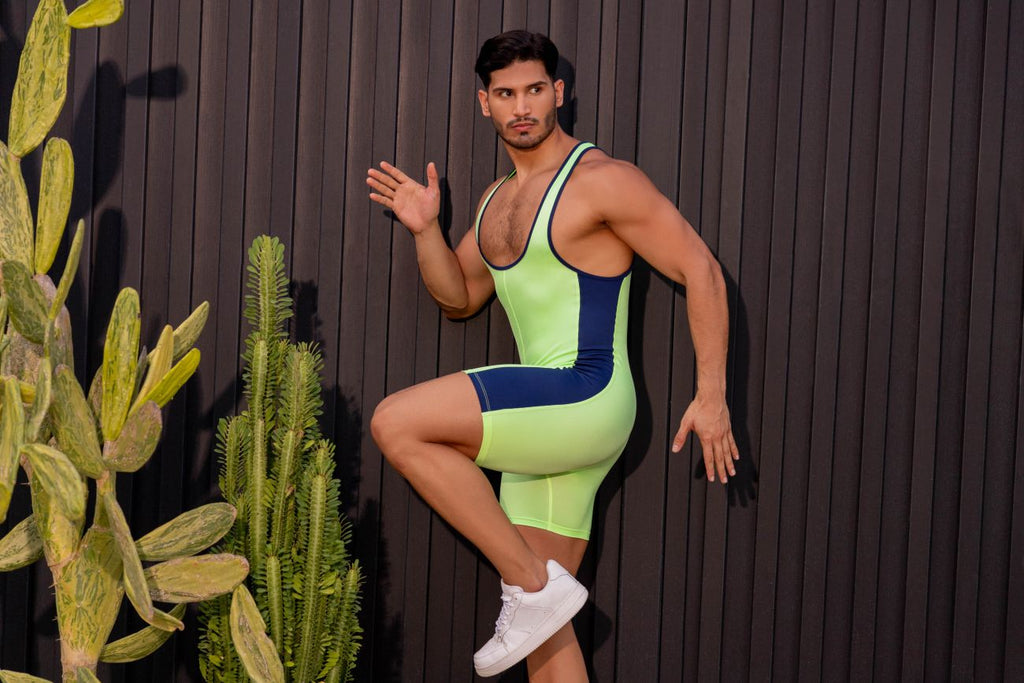 Green Jor Fighter men's activewear singlet by CITYBOYZ★USA, fitted bodysuit with athletic design and sleeveless style.