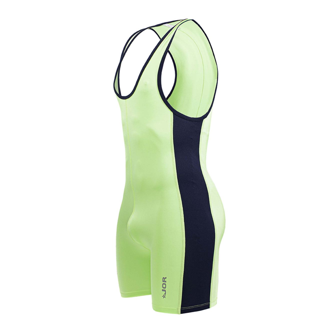 Green Jor Fighter men's activewear singlet bodysuit by CITYBOYZ★USA, close-up showing fitted design and sleeveless style.