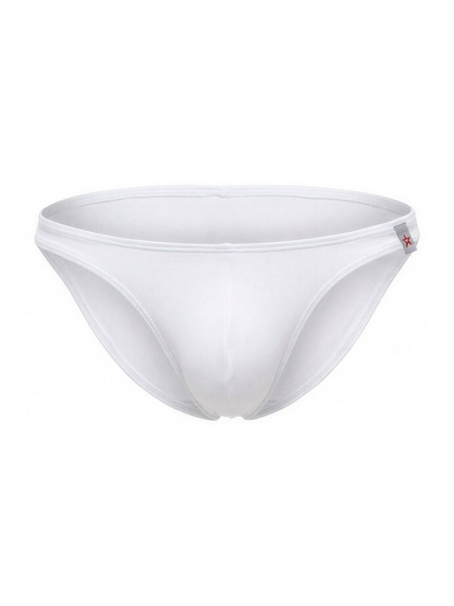 White CITYBOYZ★USA Jor Travel Swim Brief bikini displayed on a model, featuring sleek design and comfortable fit for travel and swimming.