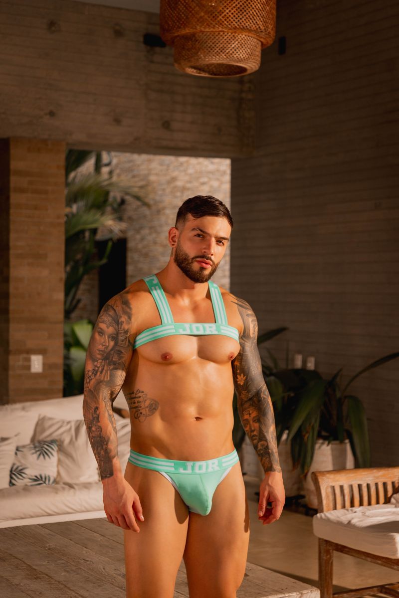 Mint green men's thong underwear from CITYBOYZ USA, featuring the Jor College Thong 2323 design, shown on a model.