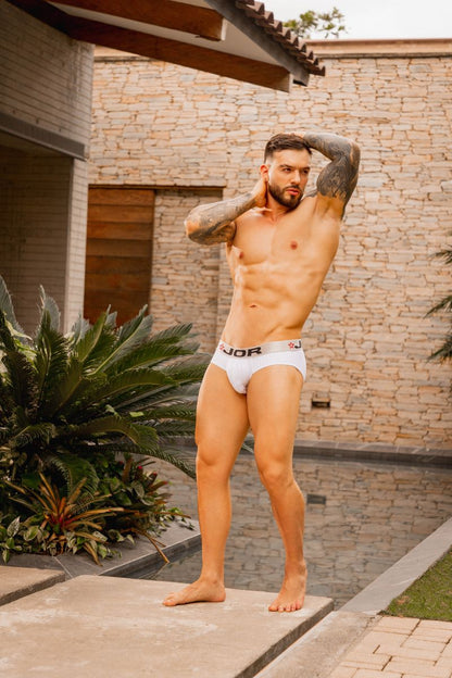 White Jor Cronos Brief 2331 by CITYBOYZ★USA, featuring sleek design and comfortable fit, shown on a model.