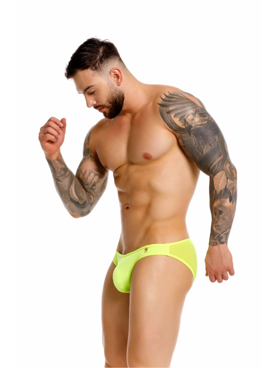 Neon green CITYBOYZ★USA Jor Origin Bikini 2353 men's briefs with sleek fit and minimal coverage, displayed on a white background.