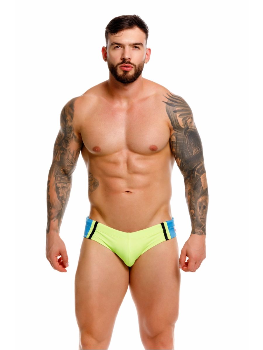 Green Jor Wind Neon Swim Brief for Men by CITYBOYZ★USA, featuring a vibrant, fitted swimwear design with a bold neon look.