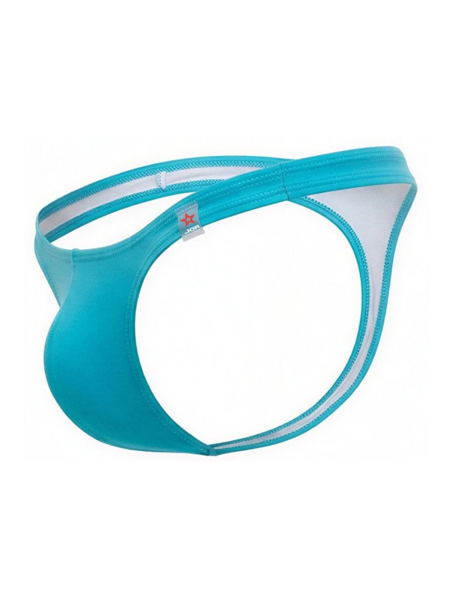 Turquoise Jor Travel Swim Thong by CITYBOYZ★USA, showcasing the minimal design and sleek fit on a model.